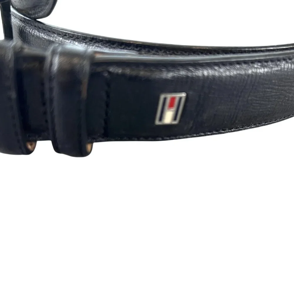 Tommy Hilfiger Mens Belt Black Leather Silver Buckle Dress Classic Formal Preppy